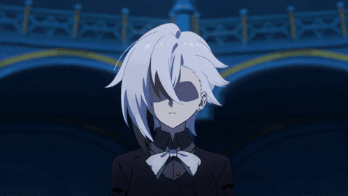 a cartoon character with white hair is standing in front of a blue building