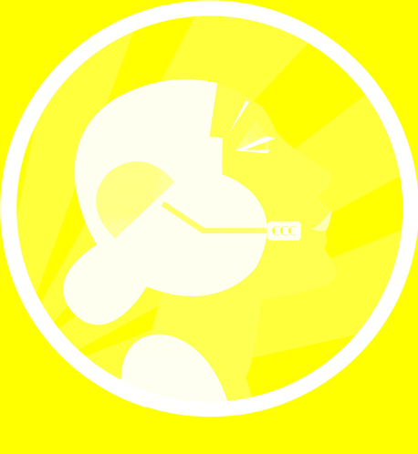 a yellow circle with a white silhouette of a man with glasses