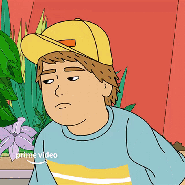 a cartoon of a boy wearing a yellow hat and a blue shirt with the word prime video below him