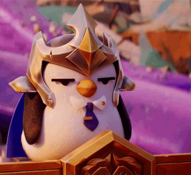 a stuffed penguin with a helmet and tie