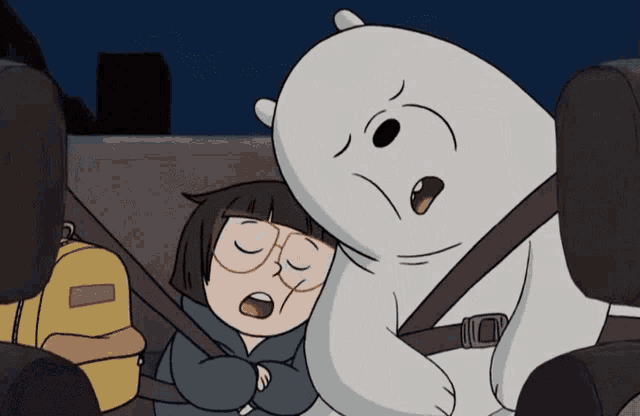 a cartoon of a girl and a polar bear sleeping in a car