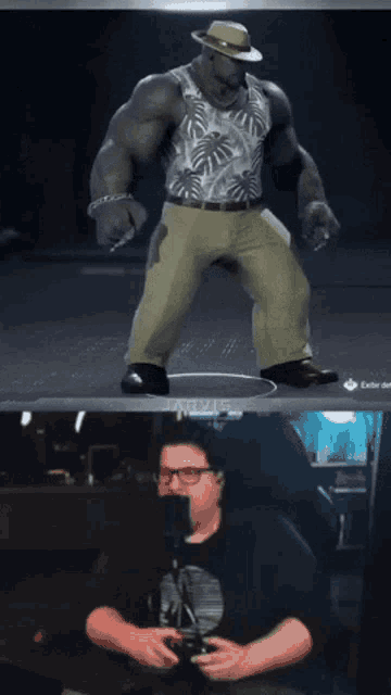 a man with glasses is playing a video game while another man looks on