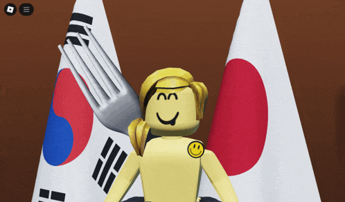 a cartoon character is holding a fork in front of two flags