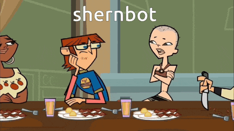 a group of cartoon characters are sitting around a table with plates of food and the word shernbot written above them