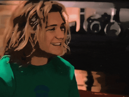 a painting of a woman in a green shirt with a smile on her face