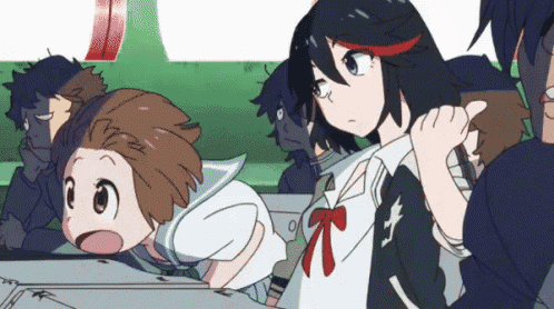 a group of anime characters including a girl with a red ribbon on her hair