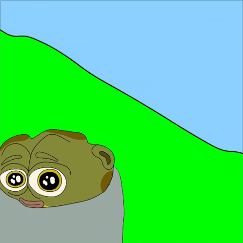 a cartoon drawing of a person with big eyes standing in a grassy field