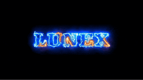 the word lunex is glowing in blue and orange on a black background