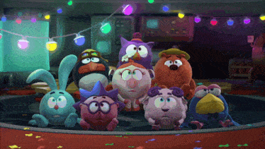 a group of cartoon characters are standing in a room with lights