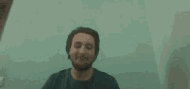 a man with a beard is smiling in front of a green wall