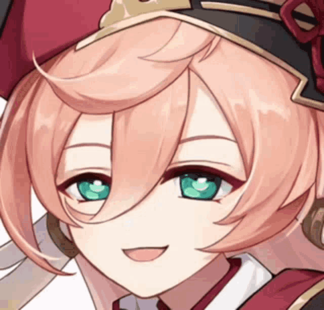 a close up of a anime girl with pink hair and green eyes wearing a hat .