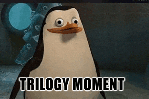 a penguin from madagascar with the words trilogy moment written on it