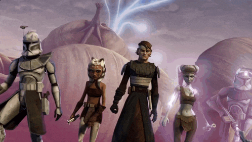 a group of cartoon characters standing next to each other with a purple background
