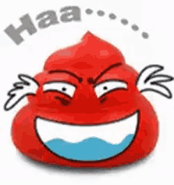 a cartoon drawing of a red poop with a laughing face