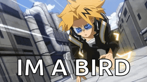 a cartoon character with the words im a bird written below him