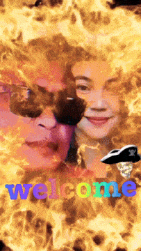 a picture of a man and a woman with the word welcome written in the middle
