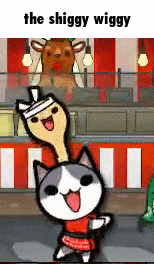 a cartoon of a cat dancing with a spoon in its mouth and the words `` the shiggy wiggy '' above it .