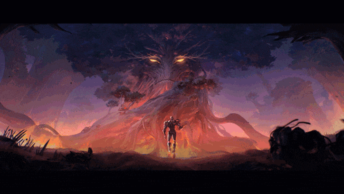 a painting of a man standing in front of a tree with glowing eyes