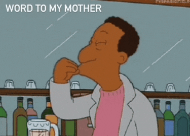 a cartoon of a man sitting at a bar with the words " word to my mother " above him