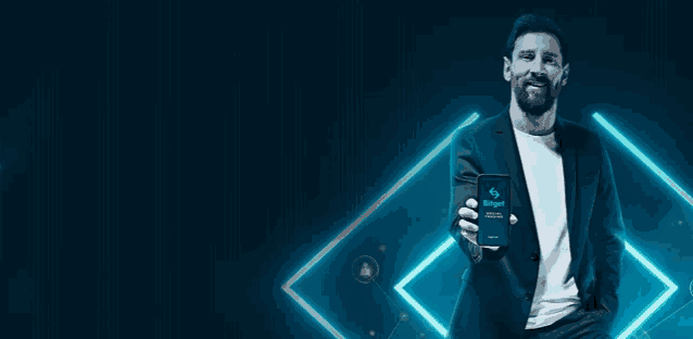 a man in a suit is holding a smart phone that says swipe