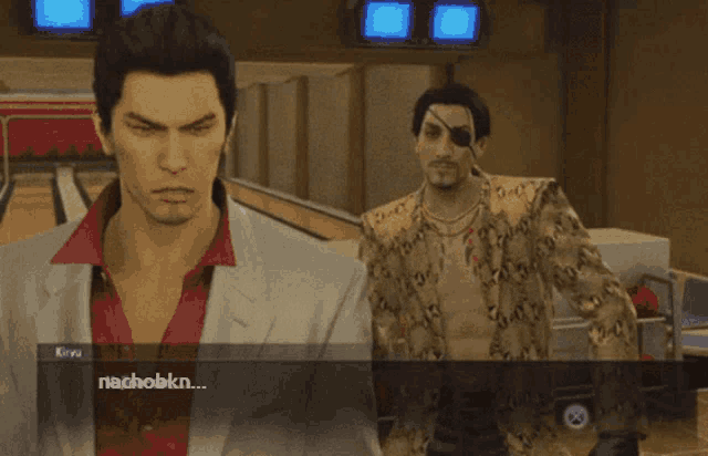 a video game character says nachobkn while another character looks on