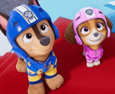 chase and skye from paw patrol are standing next to each other .