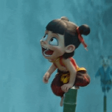 a cartoon character is sitting on top of a bamboo pole with his mouth open .