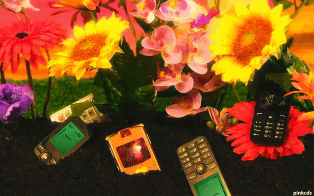 a bunch of cell phones are laying on the ground with flowers behind them