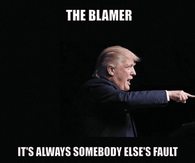 a picture of donald trump with the words the blamer it 's always somebody else 's fault below him