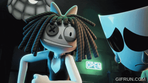 a cartoon character with dreadlocks is standing in front of an open sign