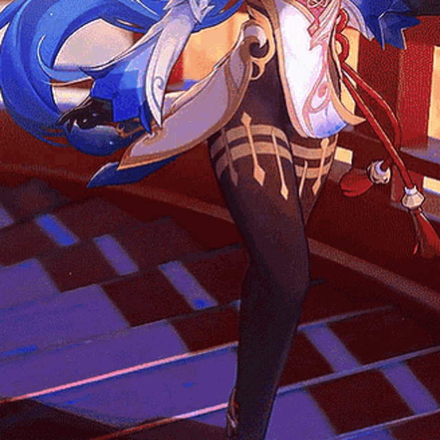 a cartoon character with blue hair and black tights is standing on a set of stairs .