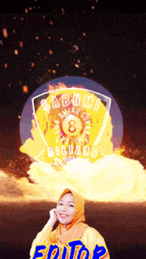 a woman in a hijab stands in front of a sabumi billiard logo