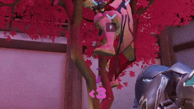 a video game character is standing in front of a tree with pink flowers and a pink sticker on it .