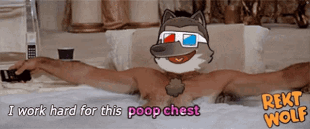 a cartoon of a man in a bathtub with the caption " i work hard for this poop chest " on the bottom