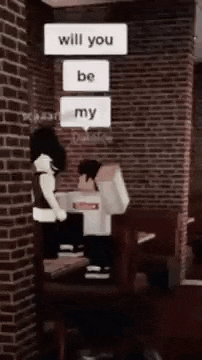 a girl in a roblox video game is standing in front of a brick wall with a sign that says will you be my .