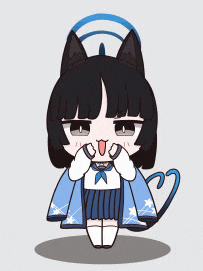 a cartoon girl with black hair and cat ears is wearing a blue cape