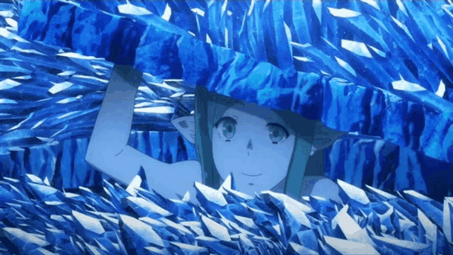 a girl with green eyes is looking out of a cave of ice