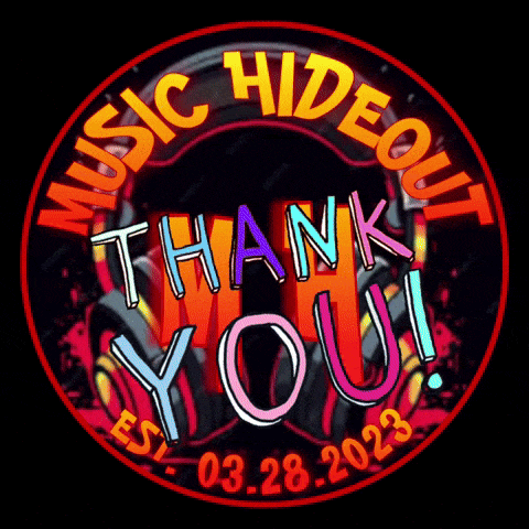 a logo for a music hideout that says " thank you "