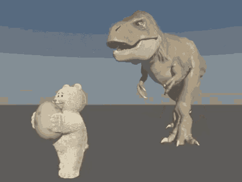 a teddy bear is holding a ball in front of a t-rex