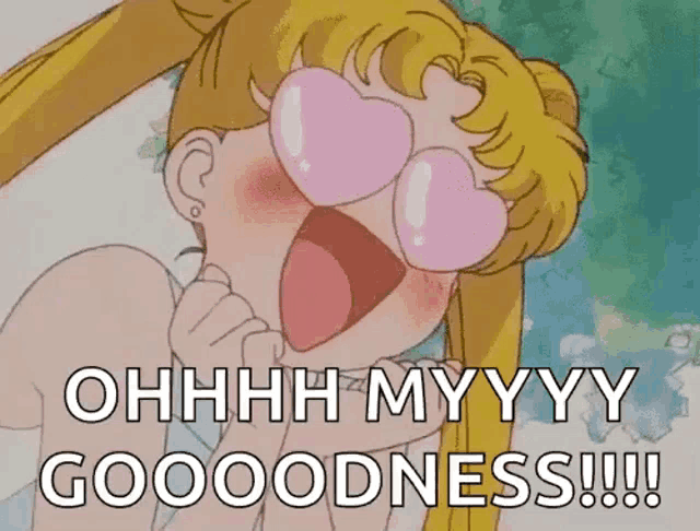 a cartoon of a girl wearing heart shaped glasses and saying ohhhh my yy goodness !