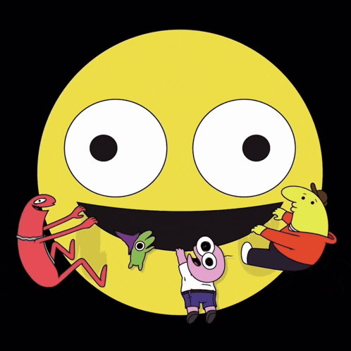 a group of cartoon characters are standing around a yellow smiley face