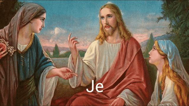 a painting of jesus talking to two women with the word je below it
