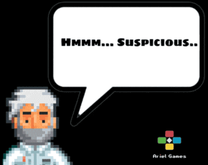 a pixel art character with a speech bubble saying hmm suspicious