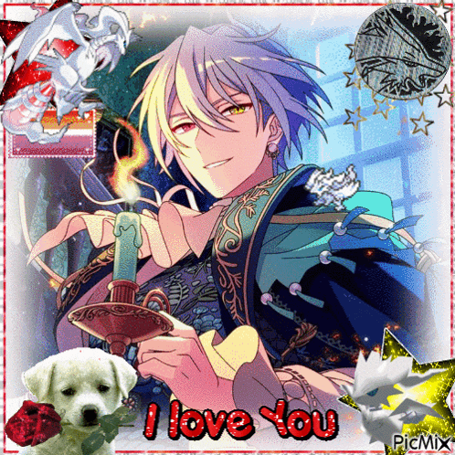 a picture of a man holding a candle with the words i love you in red