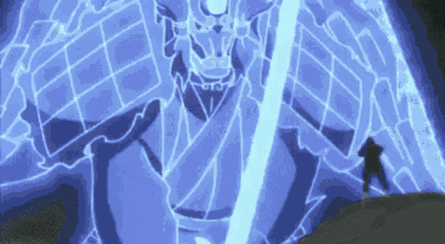 a samurai is standing in front of a large blue monster with a sword in his hand .