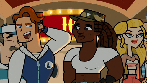 a group of cartoon characters are standing in front of a sign that says 1
