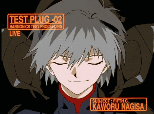 a cartoon character with the name kaworu nagisa on the bottom right