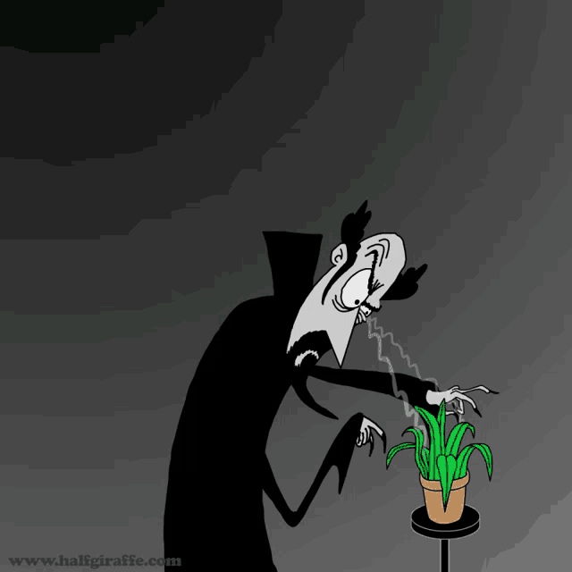 a cartoon of a vampire looking at a potted plant with the website www.haligiraffe.com underneath