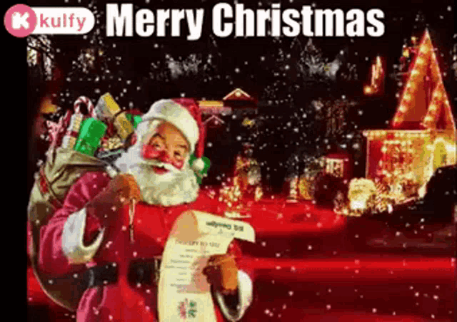 a merry christmas greeting card with santa claus holding a list and a bag of gifts .