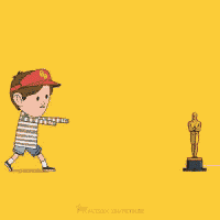 a cartoon of a man with a beard holding an oscar trophy